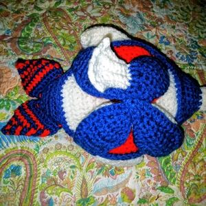 Handmade Crochet Fish Toy in Blue, Red, and White